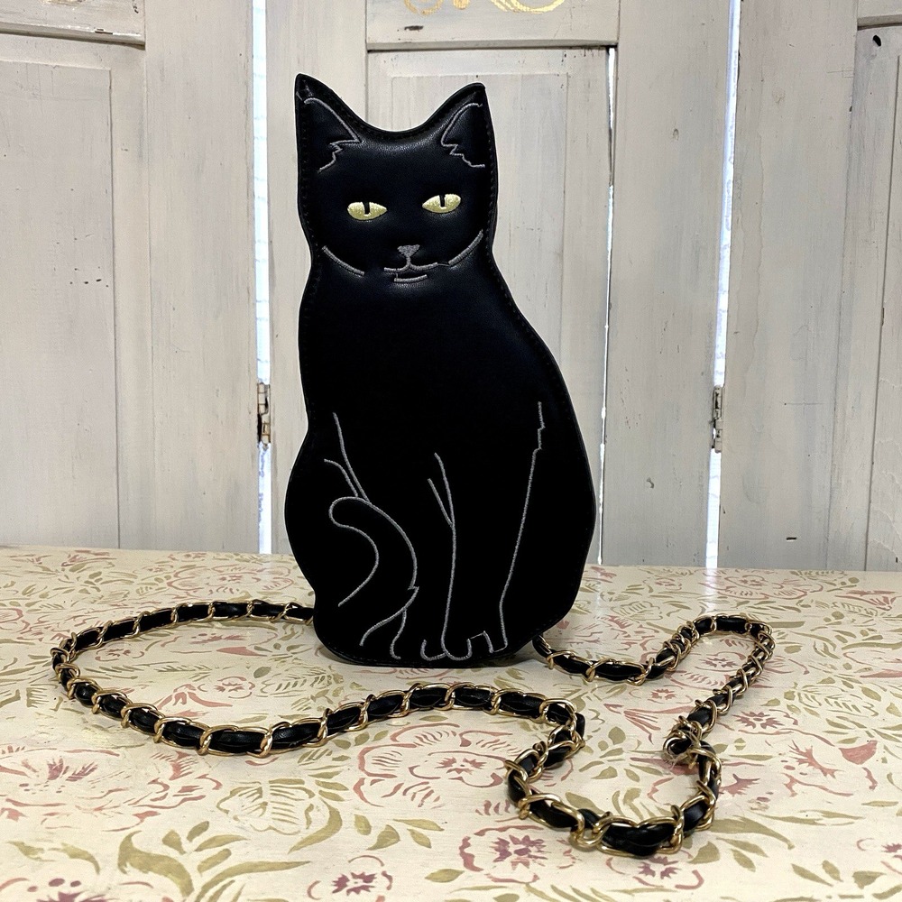 Black Cat Crossbody Purse Gold Chain Kitten Handbag Cute Goth Cat Lovers NWOT